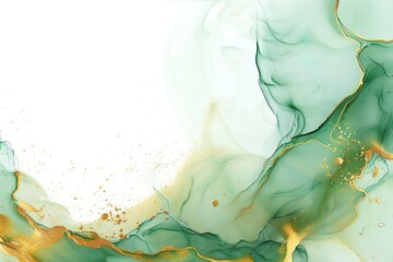 Abstract Wave in warm green and gold collors, Watercolor and Marble Art