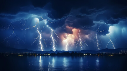 Roaring thunderstorm, shocking lightning shines in the dark sky