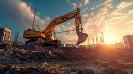 Heavy equipment excavator operating in a construction project area. - Powered by Adobe
