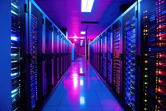 Long Hallway With Rows of Servers in a Data Center, A large data center with rows of servers illuminated in cool-colored lights, AI Generated