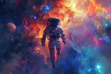 An image of a man wearing a space suit as he floats in the vast emptiness of space, A lone...
