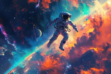 An astronaut is seen floating in the sky above the Earth, A lone astronaut floating in a colorful galaxy filled with stars and planets, AI Generated