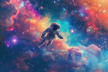 Astronaut Floating in the Sky Surrounded by Clouds and Stars, A lone astronaut floating in a colorful galaxy filled with stars and planets, AI Generated - obrazy, fototapety, plakaty