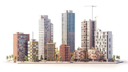 Illustration depicting the construction site of skyscrapers, showcasing the development of high-rise office and urban buildings, isolated on a white background - obrazy, fototapety, plakaty