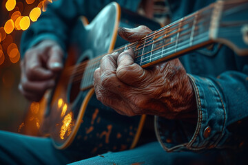 A close-up of a musician's fingers strumming a guitar, capturing the emotion and rhythm of live...