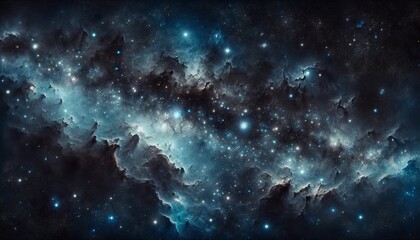 Fototapeta na wymiar A celestial panorama of radiant stars piercing through nebulous clouds, a space background.