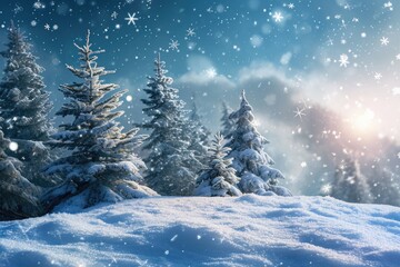 A snowy landscape featuring trees covered in snow and delicate snowflakes falling from the sky, A magical snowy hillside with Christmas trees, AI Generated