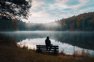 A person sitting on a bench near a calm lake, surrounded by trees and enjoying the peaceful setting, A man enjoying solitude while fishing at the lake, AI Generated