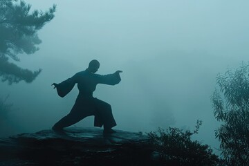 Obraz na płótnie Canvas A man stands on top of a cliff, surrounded by a dense fog, gazing into the distance, A man practicing Tai Chi in the morning fog, AI Generated