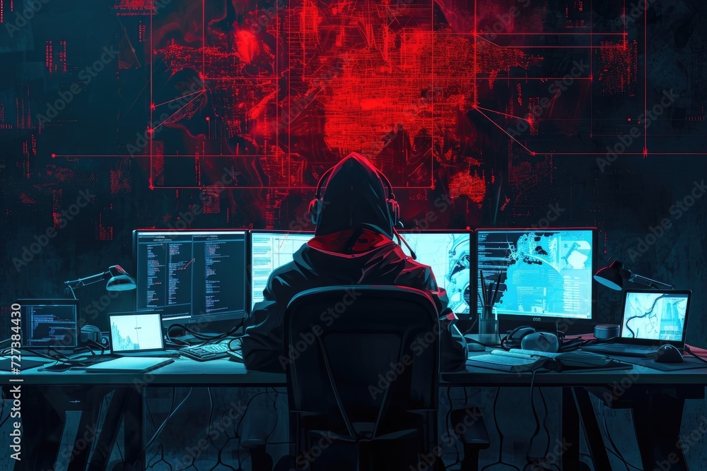 Poster a person seated at a desk, focused on the work displayed on two computer monitors in front of them, 