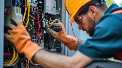 Close-up shot of an electrician carefully repairing wiring and electrical equipment.