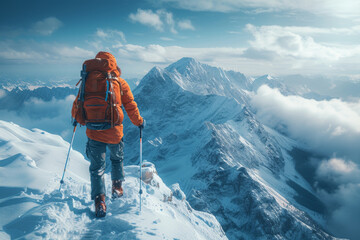 Naklejka na ściany i meble A hiker reaching the summit of a mountain, capturing the triumph and perseverance of personal achievements. Concept of conquering challenges. Generative Ai.