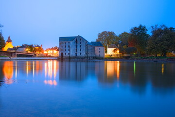 Malicorne mill on Sarthe at night in long exposure