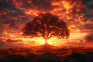 A solitary tree standing tall against a fiery sunset, symbolizing resilience and enduring strength...