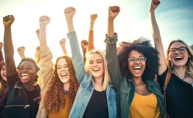 Multi ethnic young group of women raising fists for International Womens Day. March 8 for feminism, independence, freedom, empowerment, and activism for women rights - obrazy, fototapety, plakaty