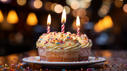 Colored birthday cake with different colored candles. Colored lights and confetti
