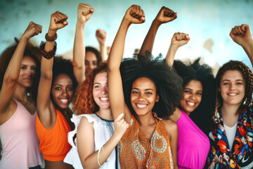 A multi ethnic group of women raising fists celebrating the International Womens Day and the empowerment of women. March 8 for feminism, independence, freedom and activism for women rights - obrazy, fototapety, plakaty
