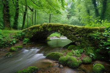 Fototapeta na wymiar A moss covered bridge stretches over a serene forest landscape, blending harmoniously with nature, A mossy stone bridge crossing a peaceful brook, AI Generated