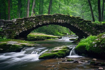 A stone bridge stands over a flowing stream in a lush forest, creating a picturesque setting, A mossy stone bridge crossing a peaceful brook, AI Generated