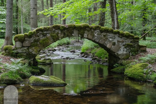 A stone bridge spans over a flowing stream in the lush green forest, creating a picturesque scene, A mossy stone bridge crossing a peaceful brook, AI Generated