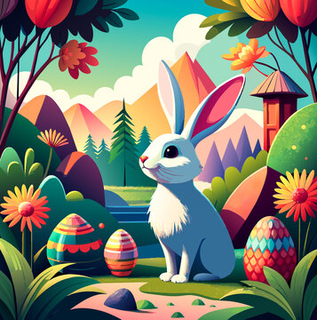 Cartoon Easter bunny among colorful decorative flowers and eggs. Generated AI