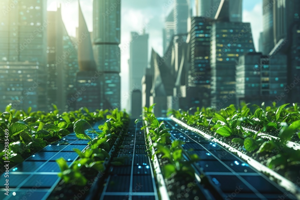 Poster a view of a city skyline with a row of plants in the foreground, adding a touch of greenery to the u