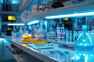 This photo captures a lab bustling with activity, featuring numerous test tubes and flasks, A nanomedicine laboratory with tiny devices and substances visible, AI Generated