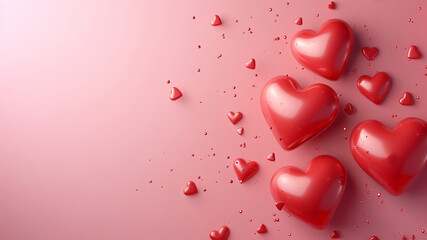 Three-dimensional pink hearts on a romantic pink background. Free space.
