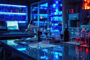 A Lab Filled With a Variety of Laboratory Equipment, A nanomedicine laboratory with tiny devices and substances visible, AI Generated