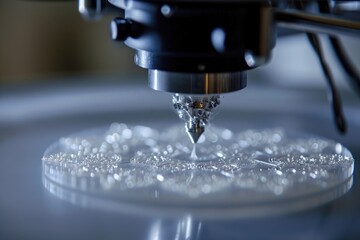 A detailed view of a machine in action, cutting glass with precision, A nanoscale 3D printer crafting intricate designs, AI Generated