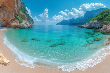 A panoramic view of a pristine beach with crystal-clear waters, emphasizing the purity and untouched allure of remote shores. Concept of unspoiled coastlines. Generative Ai.