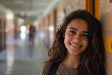 Obraz premium Charming teenage girl with a bright smile and wavy hair, leaning in a school hallway, embodying a carefree and spirited youth.