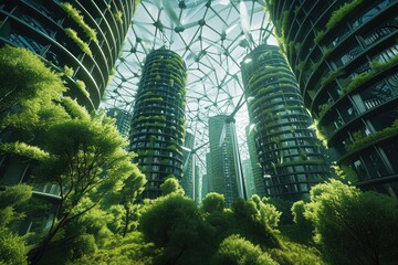 A striking image showcasing a collection of towering buildings surrounded by a lush green canopy of trees, A nanotechnology-powered green energy solution, AI Generated - obrazy, fototapety, plakaty
