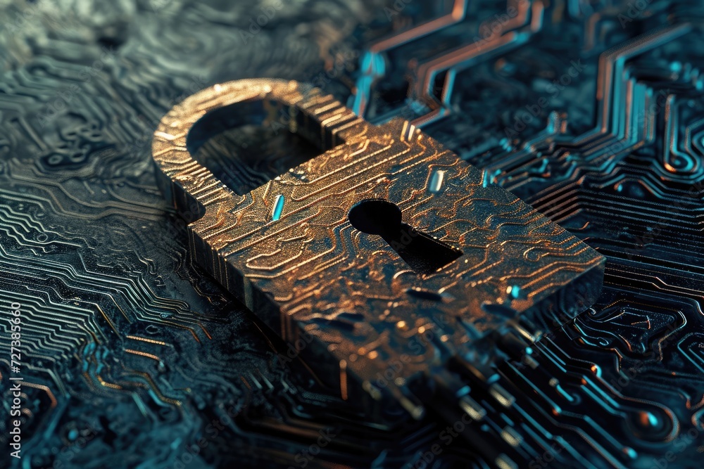Poster close up of lock on circuit board, a padlock with traces of digital threads symbolizing encrypted da