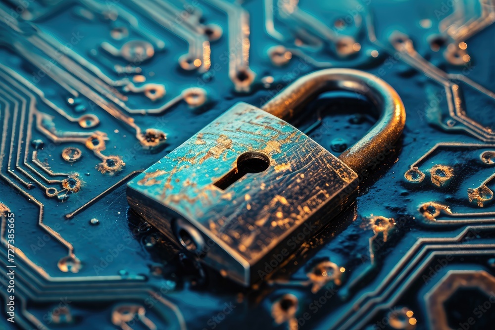 Poster a padlock is securely placed on top of a circuit board, providing protection and security, a padlock