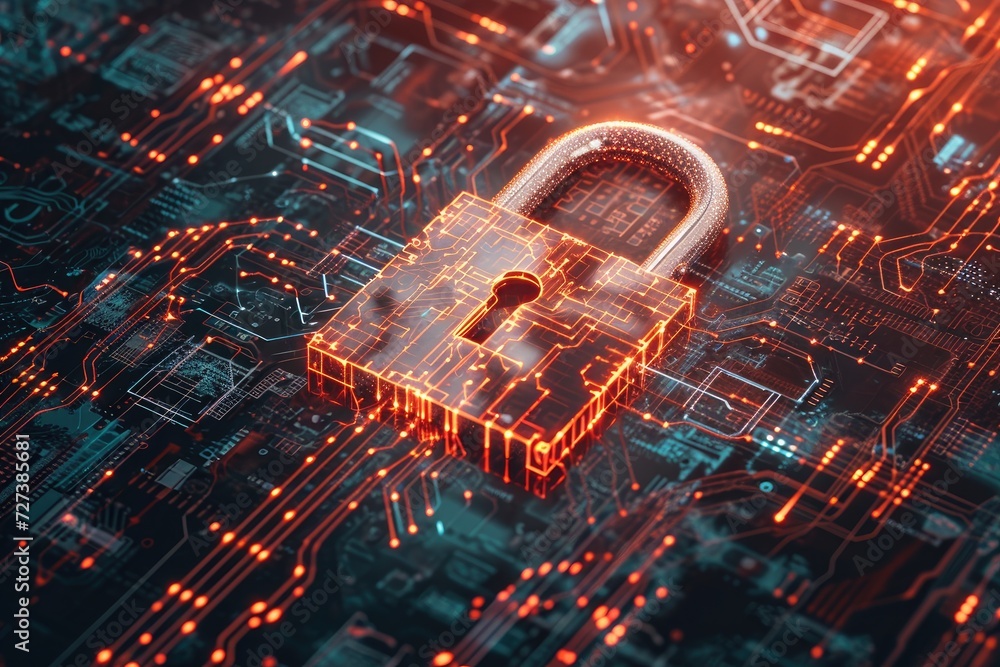Poster a padlock on a computer circuit, a padlock with traces of digital threads symbolizing encrypted data