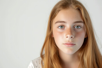 Serene teenage girl with freckles and striking green eyes against a clean white background. - obrazy, fototapety, plakaty