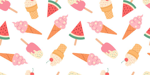 Seamless pattern with ice cream on a white background
