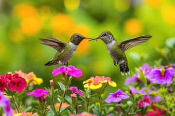A couple of birds gracefully fly above a vibrant field filled with an assortment of flowers, A pair of hummingbirds sipping nectar from blooming flowers, AI Generated