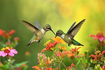 A pair of birds gracefully soar through the sky above a vibrant meadow filled with blooming flowers, A pair of hummingbirds sipping nectar from blooming flowers, AI Generated