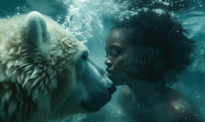 A woman kissing a polar bear under water. Generative AI. - obrazy, fototapety, plakaty