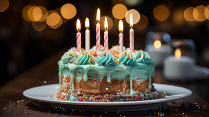 Colored birthday cake with different colored candles. Colored lights and confetti - obrazy, fototapety, plakaty