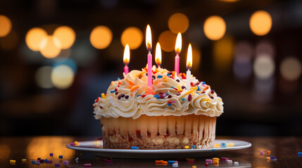 Colored birthday cake with different colored candles. Colored lights and confetti