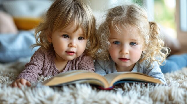Two little girls reading a book on the carpet. Generative AI.
