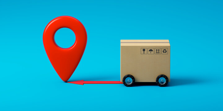 Delivery banner with a red arrow on a blue background, delivery symbol, 3D render - Powered by Adobe