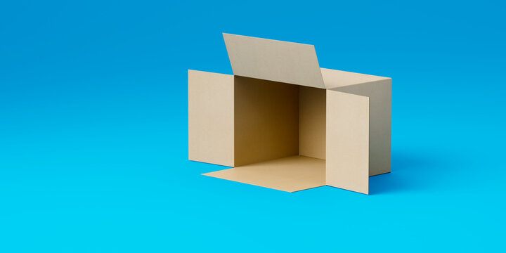 open empty cardboard box lies on its side on blue background. Packaging or box. 3d render