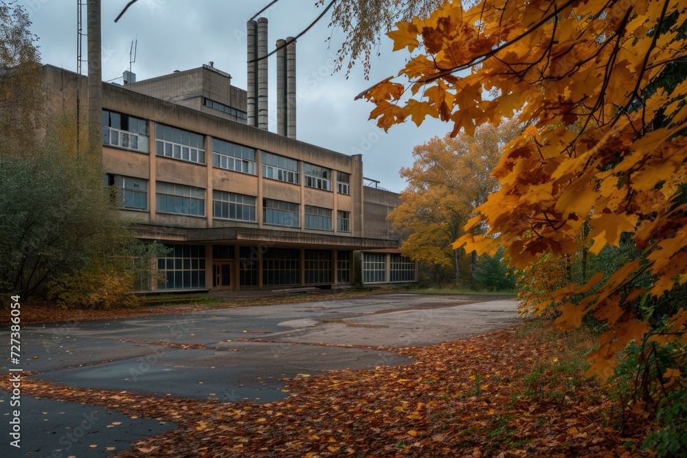 Poster an abandoned building with a large factory in the background. generative ai.