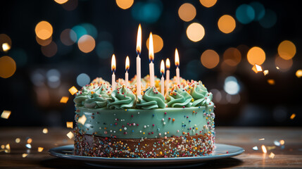 Colored birthday cake with different colored candles. Colored lights and confetti