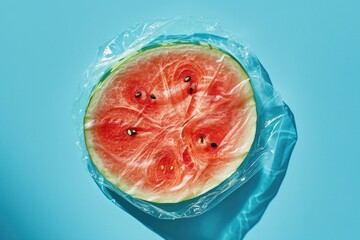 A slice of watermelon in plastic wrap. Generative AI.