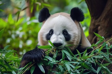 A panda bear is seen eating bamboo while perched on a tree branch, A panda munching on bamboo in a...